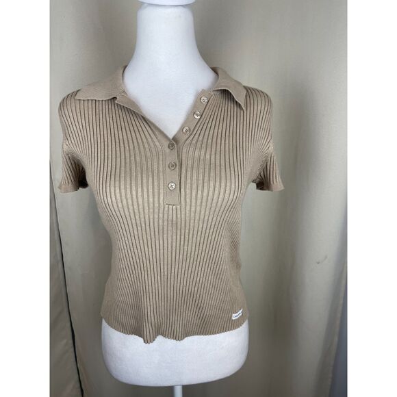 Calvin Klein Jeans Taupe Ribbed Polo Knit Top, Size M - Picture 1 of 4